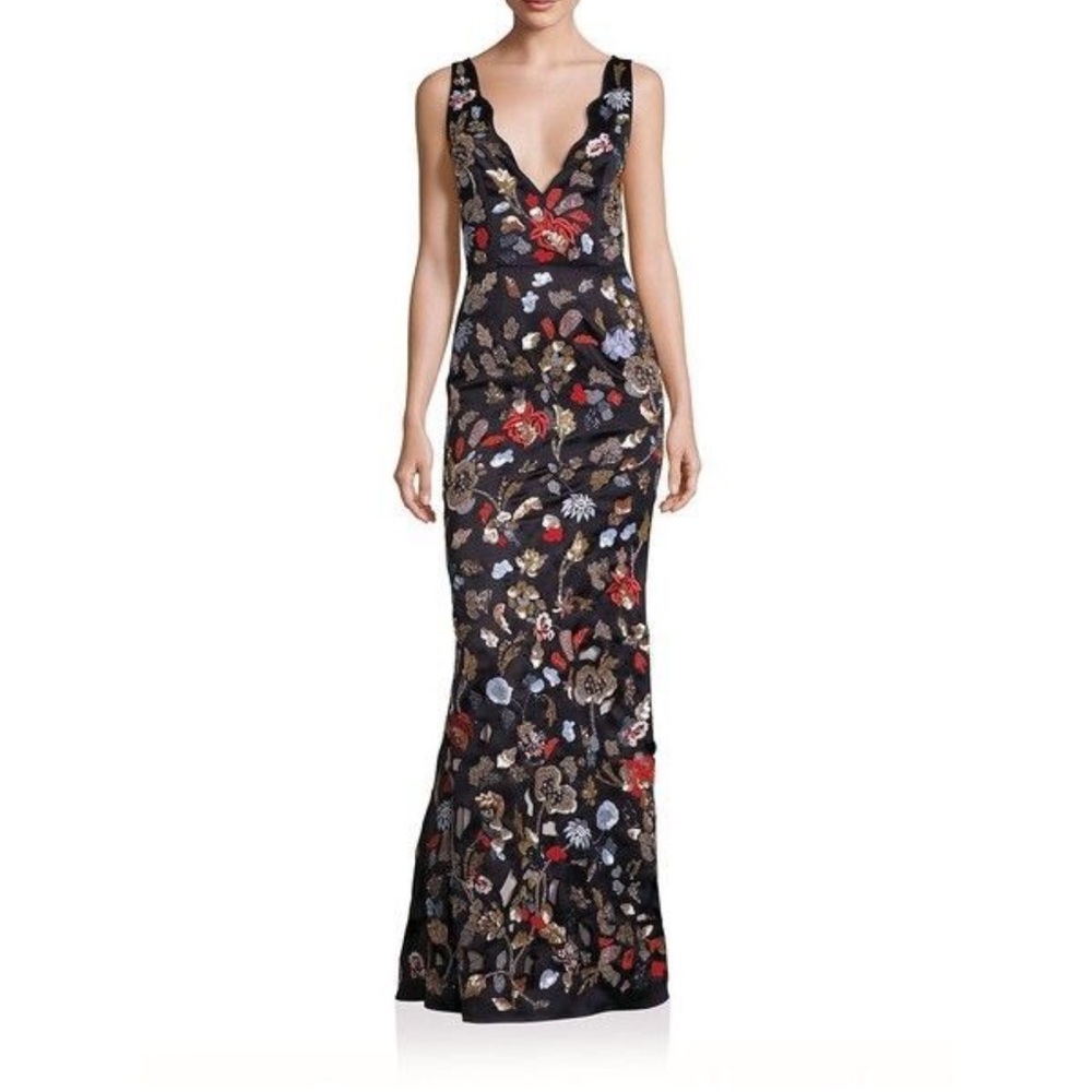 Alice and Olivia Floral Embroidered Beaded Mermaid Evening Gown